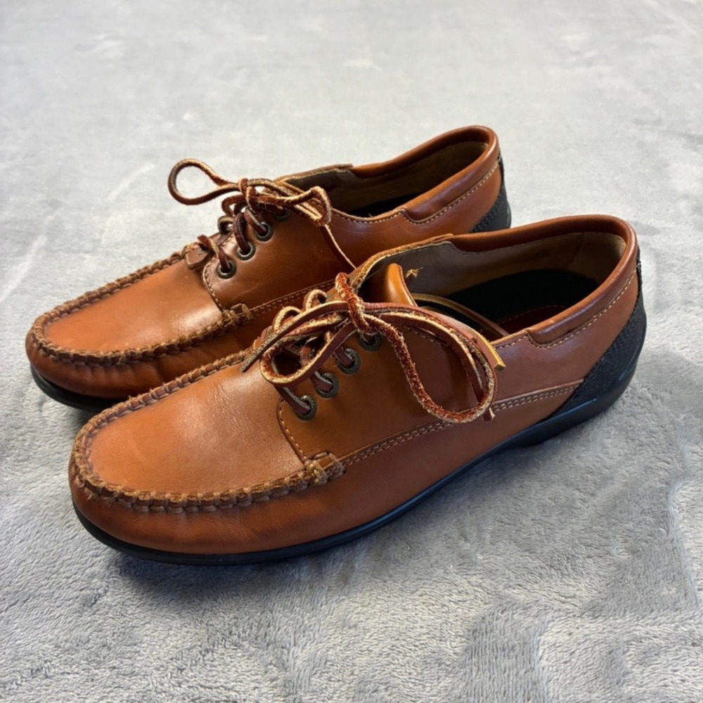 Rockport Men's Tan Leather Moc Toe Boat Shoes Goodyear Slip Resistant Sole 7.5 M